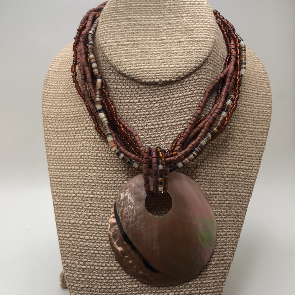 Abalone Disc Pendant Multi-Strand Natural Beads Statement Necklace